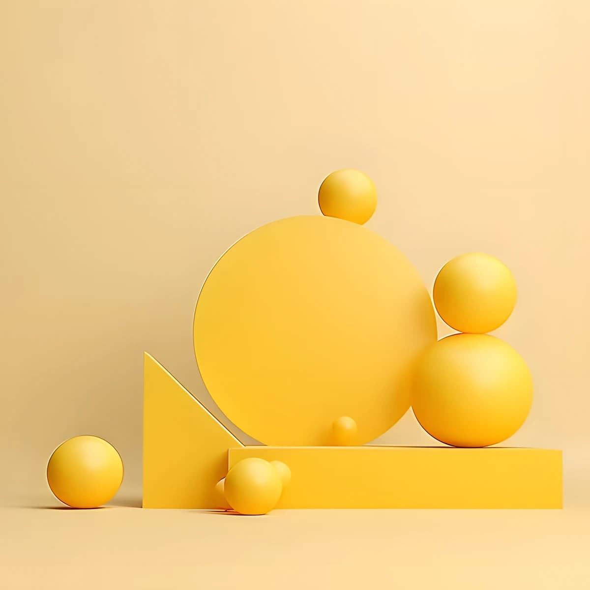 Aura brand composition: geometric yellow forms — spheres balanced on a podium next to a half-circle.